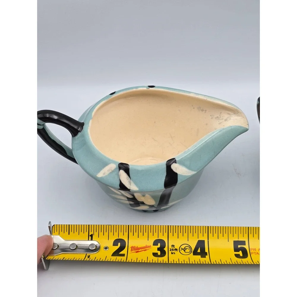 Weil Ware Bamboo Creamer Sugar Bowl Set Blue Turquoise MCM Fair Crazing